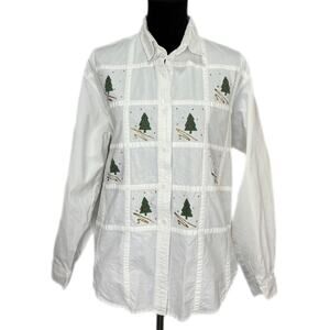 Vintage Christmas Tree Glitter Paint Button Up Shirt - Women's Size L
